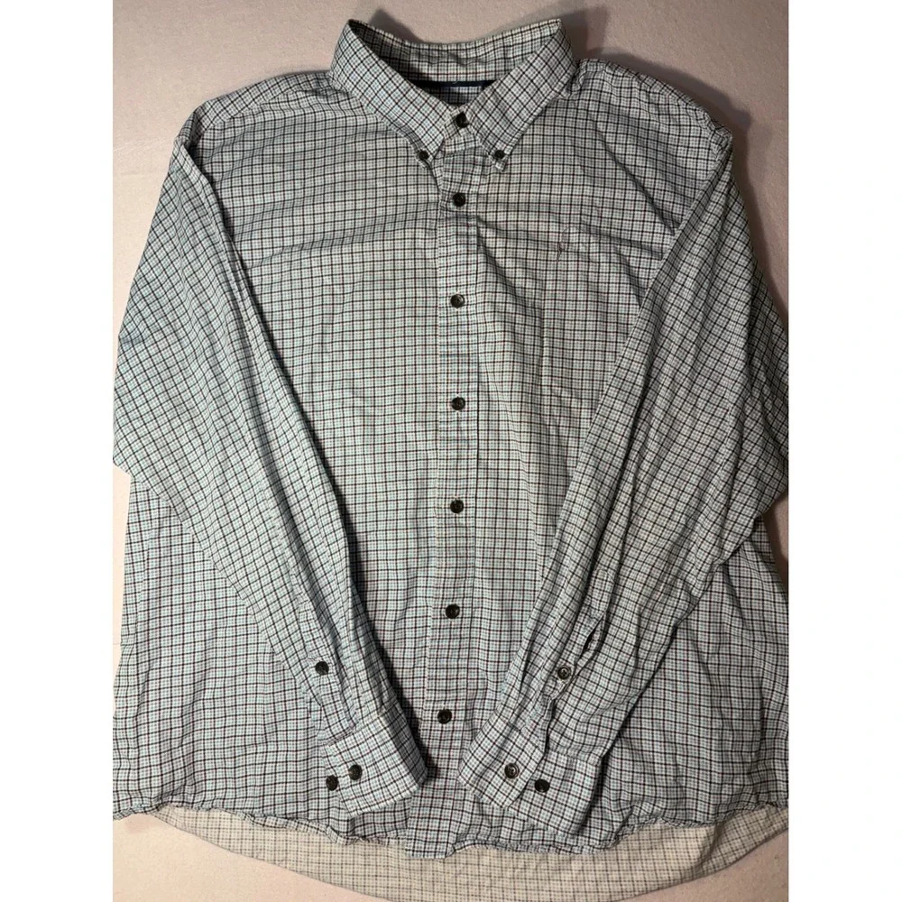 Orvis Active Fit Mens XXL Blue White Plaid Long Sleeve Button Down Shirt Logo
